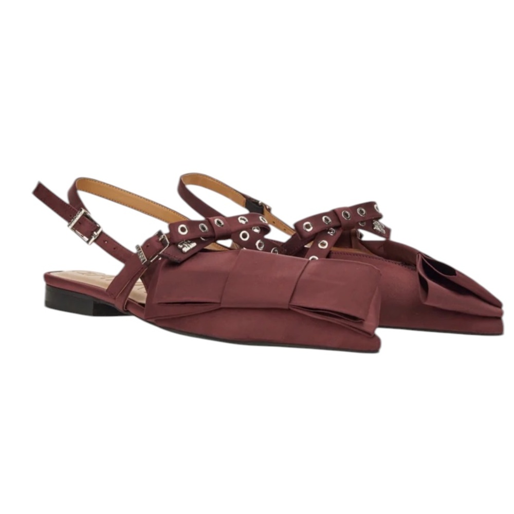 Ganni Big Bow Pointed Slingback Flat Burgundy Shoes – EU38/US8 - Picture 6 of 14